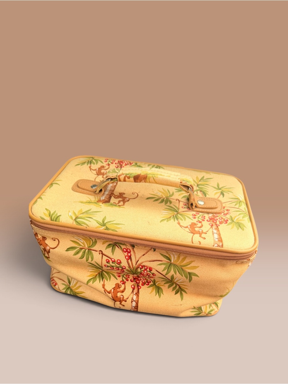 Vintage Isabella Fiore-Inspired Cream Cosmetic Case with Monkey & Palm Print